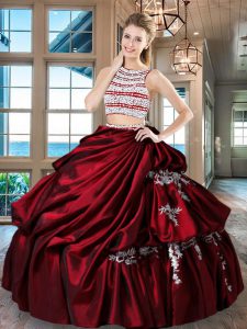 Scoop Beading and Appliques and Pick Ups Ball Gown Prom Dress Wine Red Backless Sleeveless Floor Length