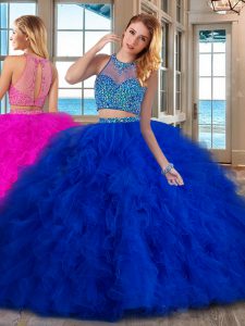 Discount Royal Blue Lace Up Vestidos de Quinceanera Beading and Ruffles Sleeveless With Brush Train