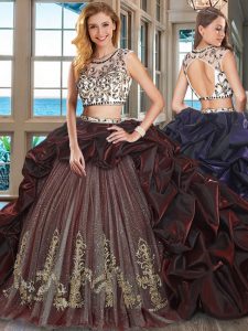 Scoop Cap Sleeves Organza and Tulle With Brush Train Backless Sweet 16 Quinceanera Dress in Burgundy with Beading and Embroidery and Pick Ups