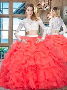 Scoop Long Sleeves Beading and Lace and Ruffles Zipper Quince Ball Gowns
