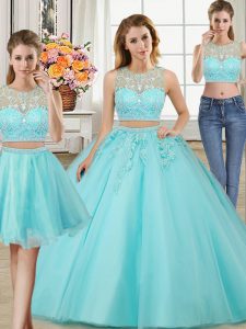 Enchanting Three Piece Scoop Floor Length Zipper 15th Birthday Dress Aqua Blue for Military Ball and Sweet 16 and Quinceanera with Beading and Appliques