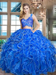 Gorgeous Blue V-neck Neckline Lace and Ruffles Ball Gown Prom Dress Sleeveless Zipper