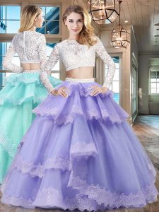 Inexpensive Scoop Lavender Zipper 15 Quinceanera Dress Beading and Lace and Ruffled Layers Long Sleeves Floor Length