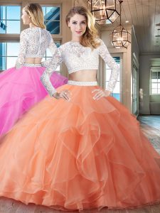 Modern Brush Train Two Pieces Quince Ball Gowns Orange Scoop Organza Long Sleeves Zipper