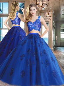 Fashion Royal Blue Two Pieces Lace and Appliques Sweet 16 Quinceanera Dress Zipper Tulle Sleeveless Floor Length