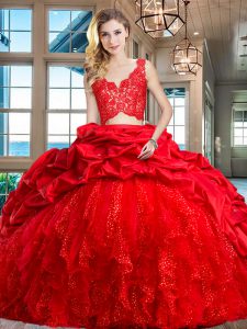 Amazing Red V-neck Zipper Lace and Ruffles and Pick Ups Sweet 16 Quinceanera Dress Brush Train Sleeveless