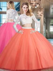 Custom Fit Scoop Watermelon Red Long Sleeves Tulle Zipper 15th Birthday Dress for Military Ball and Sweet 16 and Quinceanera