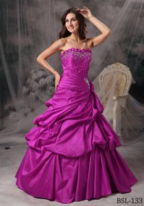 Beaded Fuchsia Strapless Princess Taffeta Quinceanera Dress with Pick-ups on Sale