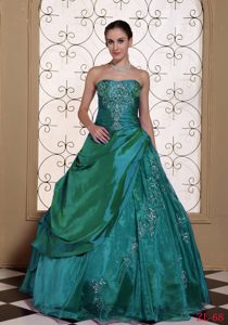 Top Seller Strapless Teal Taffeta and Organza Quinceanera Dresses with Embroidery