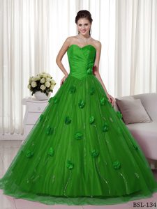 Spring Green Sweetheart Brush Train Tulle Ruched Quinceanera Dresses with Flowers