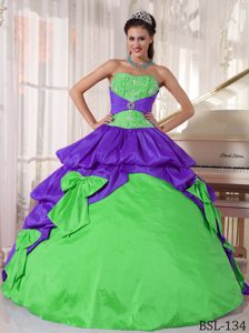 Appliqued Strapless Green and Purple Quinceanera Dress with Pick-ups and Bows