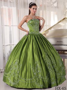 Luxurious Olive Green Strapless Taffeta Quinceanera Dress with Embroidery on Sale