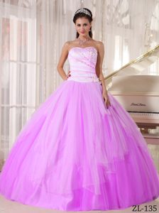 Affordable Strapless Lavender Ruched Ball Gown Sweet Sixteen Dress with Appliques