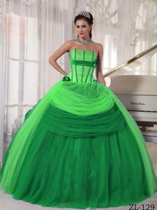 Strapless Green Drapped Tulle Sweet 16 Dresses with Beading and Flower for Cheap