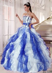 Flounced Strapless White and Blue Organza Ruffled Quinceanera Dress with Flowers