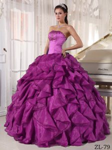 Chic Eggplant Purple Strapless Organza Quinceanera Dress with Ruffles and Beading