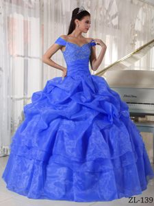 off-the-shoulder Blue Organza Quinceanera Dress with Pick-up and Beading on Sale