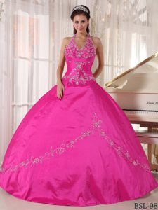 Wonderful Hot Pink Halter V-neck Taffeta Quinceanera Gown Dress with Embroidery