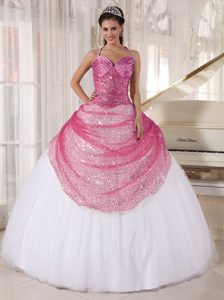 Popular Spaghetti Straps Ruched Rose Pink and White Quinceanera Dress with Sequin