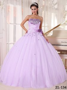 2014 Lavender Strapless Ball Gown Tulle Quinceanera Dress with Beading and Flower