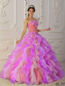 Multi-colored Strapless Organza Quinceanera Dress with Ruffles and Flowers on Sale
