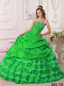 Spring Green Strapless Layered Taffeta Quinceanera Dress with Pick-ups and Beading