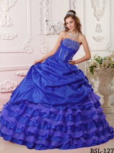 Chic Royal Blue Strapless Ball Gown Taffeta Beaded Quinceanera Dress with Pick-ups