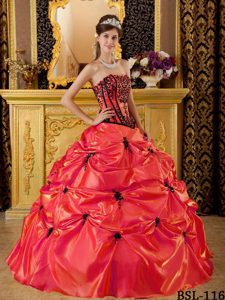 Orange Red Strapless Taffeta Quinceanera Dress with Pick-ups and Appliques on Sale