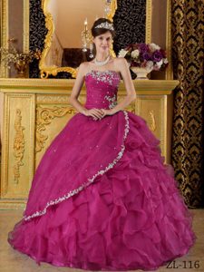 Fuchsia Ball Gown Beaded Quinceanera Gown Dresses with Appliques and Ruffles