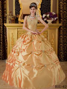 Discount Gold Halter-top Appliqued Quinceanera Dresses with Pick-ups in Taffeta