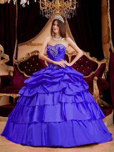 Royal Blue Layered Sweet Sixteen Dresses with Appliques and Pick-ups in Taffeta