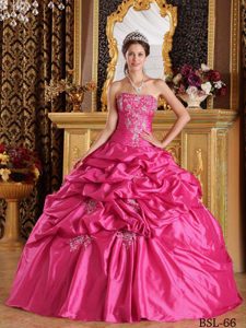 Strapless Taffeta Dress for Quince with Pick-ups and Appliques in Hot pink 2013