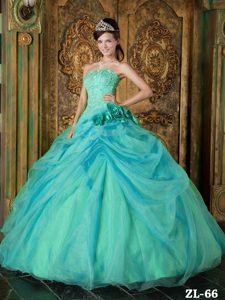 Pretty Turquoise Beading Strapless Quinceaneras Dress with Handmade Flowers