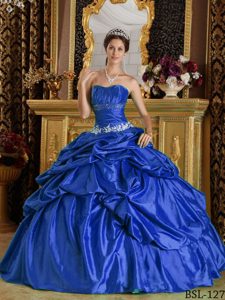 Blue Ruched and Beaded Taffeta Quinceanera Dress with Pick-ups and Appliques