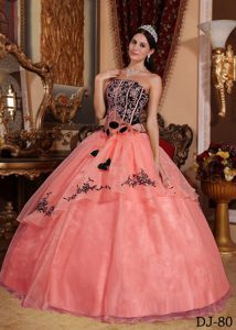Strapless Quince Gowns with Embroidery and Handmade Flowers in Watermelon