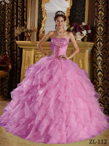 Strapless Ruffled Quinceaneras Dress in Lavender with Embroidery on Promotion