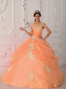 V-neck Cap Sleeves Quinceanera Gowns with Ruffles and Appliques in Orange