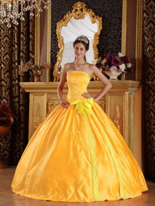 Gold Ball Gown Strapless Dress for Quince with Embroidery and Yellow Bowknot