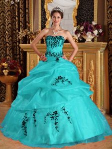 Heart Shaped Neckline Quince Dresses in Turquoise with Pick-ups and Appliques