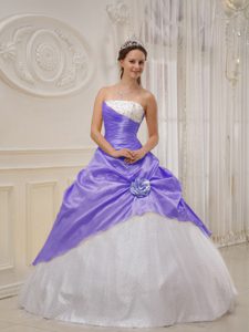 Beaded and Ruched Dress for Quince with Handmade Flower in Lilac and White