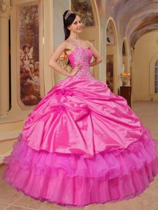 One Shoulder Floor-length Sweet 15 Dress with Appliques and Layers in Hot Pink