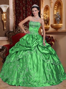 Clearance Green Ball Gown Strapless Quince Dresses with Embroidery in Taffeta