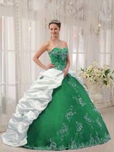 Cheap Green and White Sweetheart Dresses for Quince with Embroidery on Sale