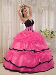 Beading Sweet Sixteen Dresses with Pick-ups and Layers in Hot Pink and Black