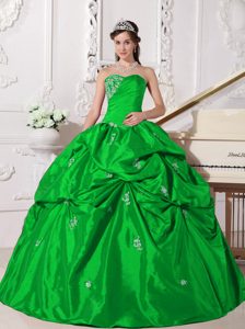 Spring Green Sweetheart Dresses for Quinceanera with Appliques and Pick-ups