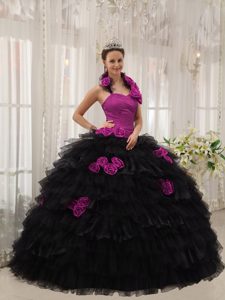 Halter Top Ruffled Sweet 15 Dress with Hand Made Flowers in Fuchsia and Black