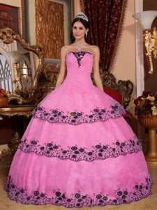 Strapless Floor-length Quince Dress with Layers and Appliques in Pink and Black