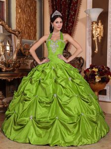 Halter Top Appliqued Sweet Sixteen Quinceanera Dresses with Pick-ups in Green
