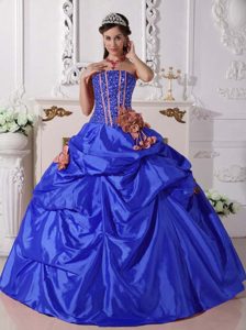 Royal Blue Beaded Taffeta Quince Gown with Pick-ups and Hand Made Flowers