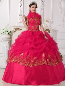Cheap Cool Neckline Sweet Sixteen Quince Dresses with Appliques in Coral Red